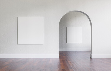 Big, empty interior with large mock-up canvases and circular arc entrance to another space. Minimalistic style with full of empty space. Shallow depth of field. 3D render illustration.