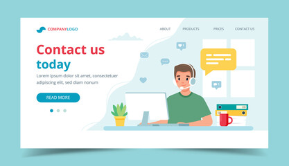 Wall Mural - Contact us landing page. Man with headphones and microphone with computer. Concept illustration for support, assistance, call center.