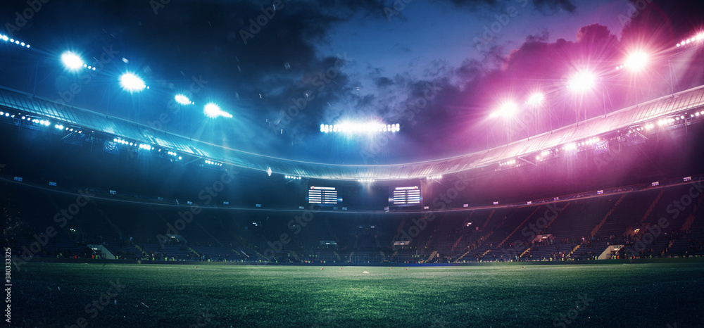 Full stadium and neoned colorful flashlights background. Flyer with copyspace in modern colors. Concept of sport, competition, winning, action and motion. Empty area for championships, your ad, design - obrazy, fototapety, plakaty 