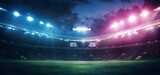 Fototapeta Sport - Full stadium and neoned colorful flashlights background. Flyer with copyspace in modern colors. Concept of sport, competition, winning, action and motion. Empty area for championships, your ad, design