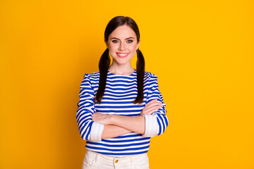 Sticker - Portrait of charming optimistic girl manager cross hands ready decide work decisions choice solution wear good look clothes isolated over vivid color background