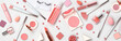 © evgenij918 - Beauty cosmetic makeup background. Fashion woman make up product, brushes, lipstick, nail polish collection. Creative pink concept. Cosmetology make-up accessories banner, top view.