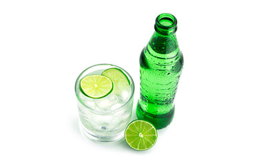  Green bottle and transparent glass with lime lemonade on white background. High quality photo