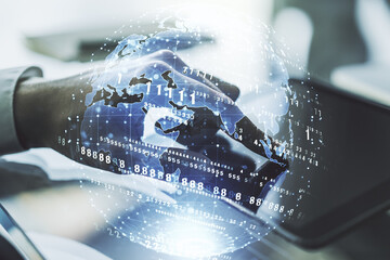 Poster - Multi exposure of abstract graphic coding sketch with world map and hand working with a digital tablet on background, big data and networking concept