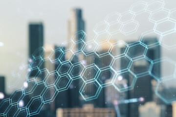 Poster - Double exposure of abstract virtual technology hologram with hexagon on blurry cityscape background. Research and development software concept