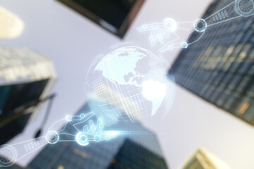 Aufkleber - Abstract virtual robotics technology hologram with globe on modern architecture background, artificial intelligence and machine learning concept. Multi exposure