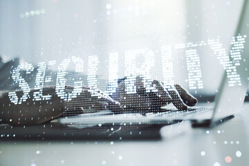 Poster - Cyber security creative concept with hands typing on computer keyboard on background. Double exposure