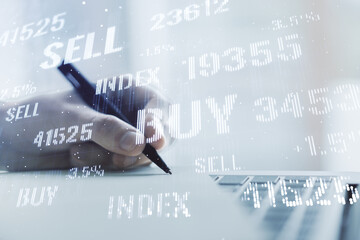 Double exposure of abstract creative financial diagram with hand writing in notebook on background, banking and accounting concept