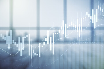Poster - Multi exposure of virtual abstract financial diagram on abstract empty interior background, banking and accounting concept