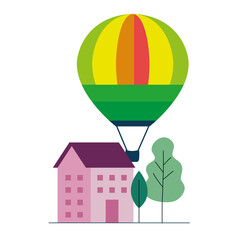 Wall Mural - Hot air balloon pink house and trees design of Transportation adventure freedom journey travel up airship and trip theme Vector illustration