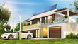 Ecological house with solar panels, wind turbines and electric car