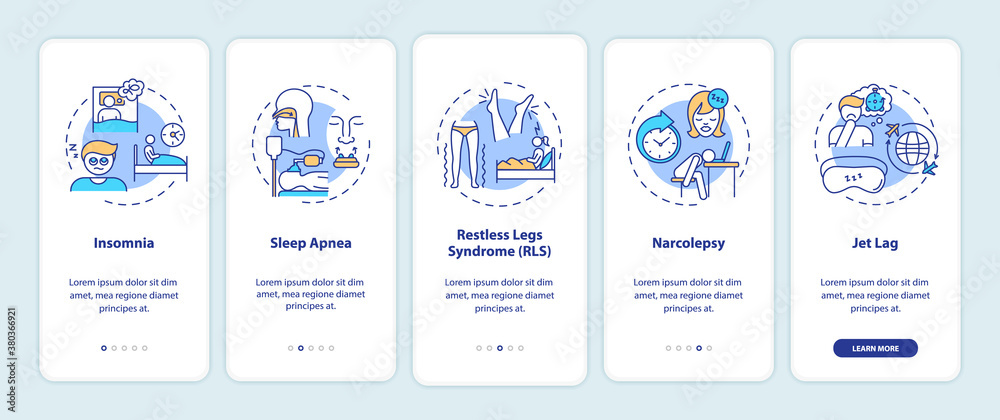 Sleep disorder types onboarding mobile app page screen with concepts. Problem with nighttime rest walkthrough 5 steps graphic instructions. UI vector template with RGB color illustrations - obrazy, fototapety, plakaty 