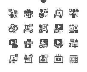 Poster - Video blogging. Live streaming, broadcast concept. Video online communication. Blogger. Vlog popularity, video blog monetization concept. Vector Solid Icons. Simple Pictogram
