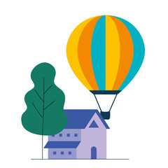 Wall Mural - Hot air balloon house and tree design of Transportation adventure freedom journey travel up airship and trip theme Vector illustration