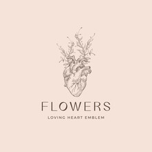 Abstract Vector Romantic Sign, Symbol Or Logo Template. Anatomical Heart Sketch Illustration With Flowers Branches And Classy Typography. Premium Quality Holiday Decoration Card.