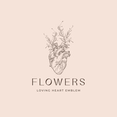 Wall Mural - Abstract Vector Romantic Sign, Symbol or Logo Template. Anatomical Heart Sketch Illustration with Flowers Branches and Classy Typography. Premium Quality Holiday Decoration Card.
