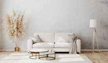 Bright Contemporary Living Room Mockup With Decorative Plaster Wall And Wooden Floor, White Sofa, Floor Lamp And Coffee Table, Living Room Interior Background, 3d Rendering