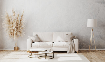 Wall Mural - bright contemporary living room mockup with decorative plaster wall and wooden floor, white sofa, fl