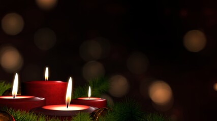 romantic festive christmas holiday evening. four lit red candles on indoor advent wreath. romantic f