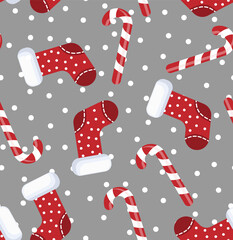 Poster - Vector illustration of seamless pattern candy cane and sock christmas cartoon