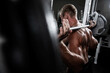 © amixstudio - Muscular adult brutal man doing barbell squats in the gym. Portrait of caucasian authentic bodybuilder doing workout exercises