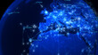 © editableclips.com - Global Communications over Asia and Europe. Arrows Fly Among Cities. Global Connections. Flight Paths. 3D Rendering. City Names: Warsaw, Moscow, Vienna, Copenhagen, Baku, Kabul, Karachi, Delhi.