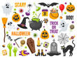 Set of vector characters and icons for Halloween in cartoon style. Traditional elements of Halloween. 