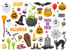 Set Of Vector Characters And Icons For Halloween In Cartoon Style. Traditional Elements Of Halloween. 