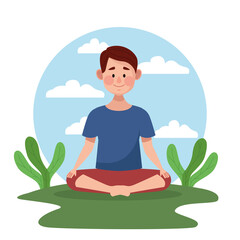 Sticker - young man in lotus position with leafs scene in the camp