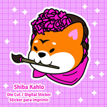 Kawaii Cute Vector Illustration Mexican Shiba Kahlo Inu Dog Puppy With Pink Flowers Shawl Paint Brush, Pink Checkered Background And Stars, Printable Sticker Die Cut Digital Planner Scrapbooking Craft