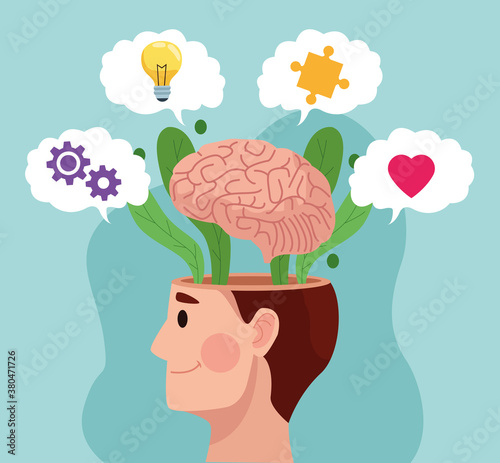 Fotomural mental health day man profile and brain with set items