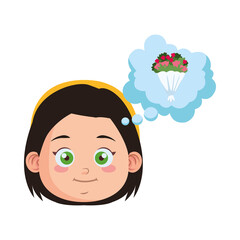 Sticker - cute little girl student head thinking in flowers bouquet character