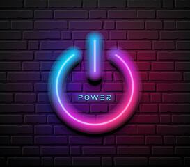 Wall Mural - On off power symbol neon light, design on block wall black background, Eps 10 vector illustration