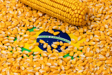 Wall Mural - Flag of Brazil covered in corn kernels. Concept of South America and Brazilian agriculture imports, exports, trade war, agreement and tariffs.