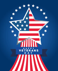 Poster - happy veterans day lettering with usa flag in star and ribbon frame