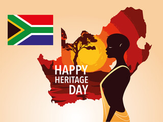 Poster - happy heritage day with person afro and flag of South Africa