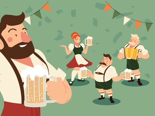 Poster - oktoberfest men and woman with traditional cloth beer and banner pennant vector design