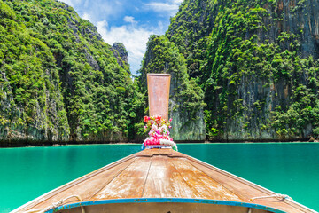 Wall Mural - Traditional longtail boat with beautiful scenery view Phi Phi island.