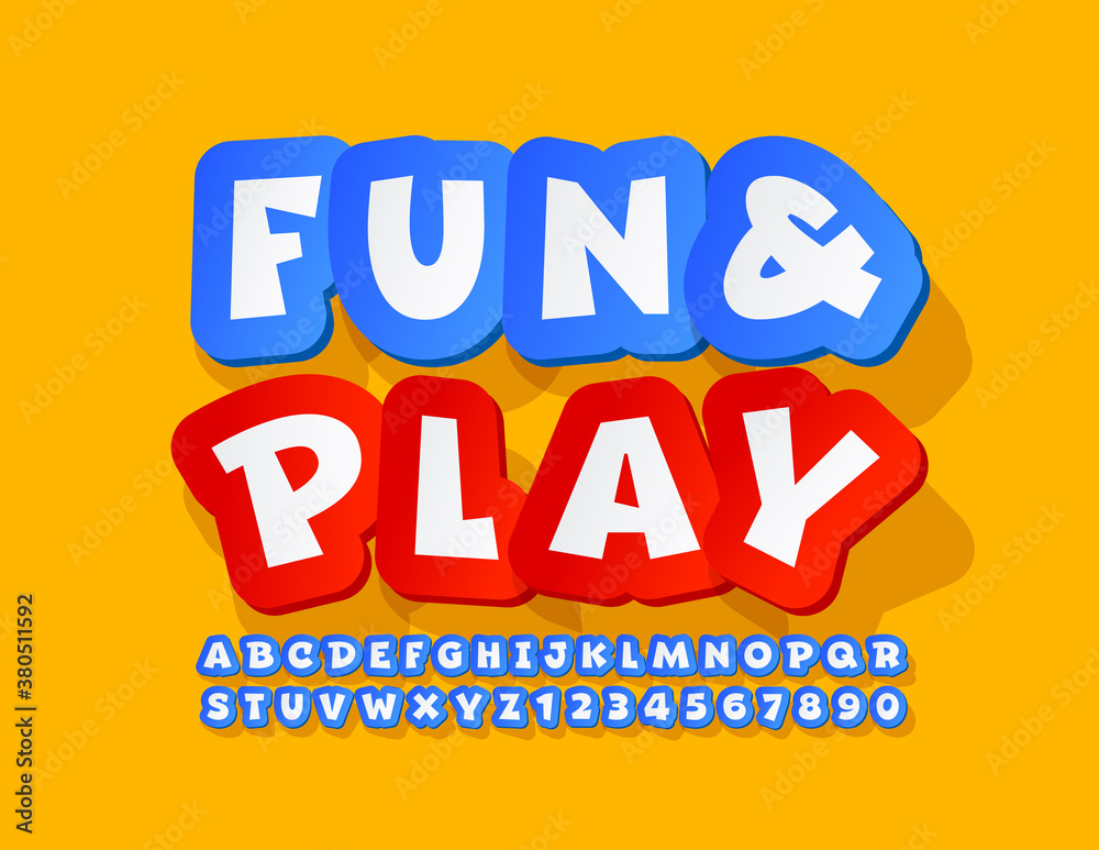 Fun Sign Letters Vector Kids sign Fun & Play. Creative sticker Font. Blue modern style ...