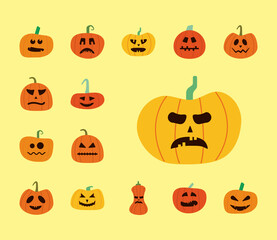 Sticker - bundle of halloween pumpkins in yellow background flat style icons