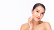 © Nutlegal - Attractive young woman has beauty facial skin. Portrait charming beautiful young asia female. Pretty girl touching her face, Glamour lady get happy with isolated on white background, copy space