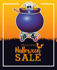 Sticker - halloween sale seasonal poster with shopping bags in cauldron cart