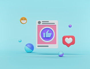 Fototapete - Social network post and like icon isolated on pastel blue background. minimal concept. 3d rendering