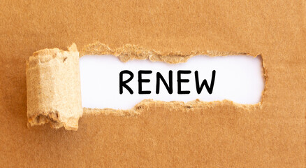 Poster - text renew appearing behind torn brown paper