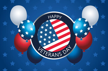 Canvas Print - happy veterans day lettering in button with balloons helium