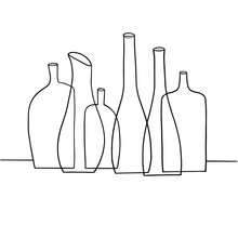 Hand-drawn Vector Illustration Of Empty Alcoholic Beverage Bottles Lined Up In A Row.