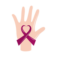 Sticker - breast cancer awareness month, hand showing ribbon shaped heart, healthcare concept flat icon style