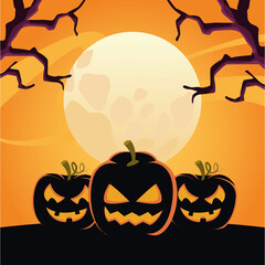 Sticker - halloween pumpkins with faces at night scene