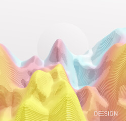 Landscape with mountains and moon. Mountainous terrain. 3D abstract background. Futuristic vector illustration.