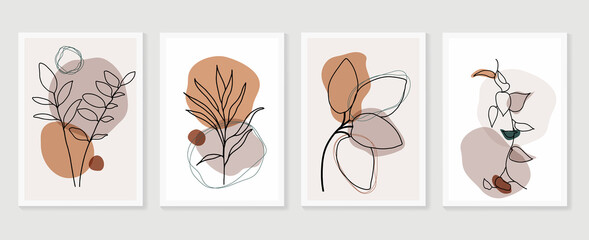botanical wall art vector set. boho foliage line art drawing with abstract shape. abstract plant art
